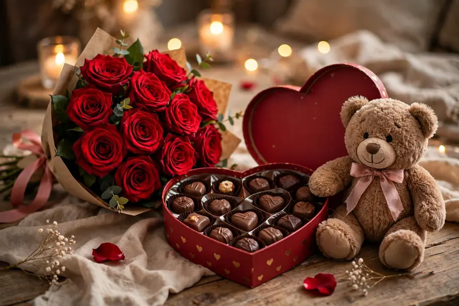 Valentine's Day gift with red roses, chocolates and teddy bear for delivery in Rabwah